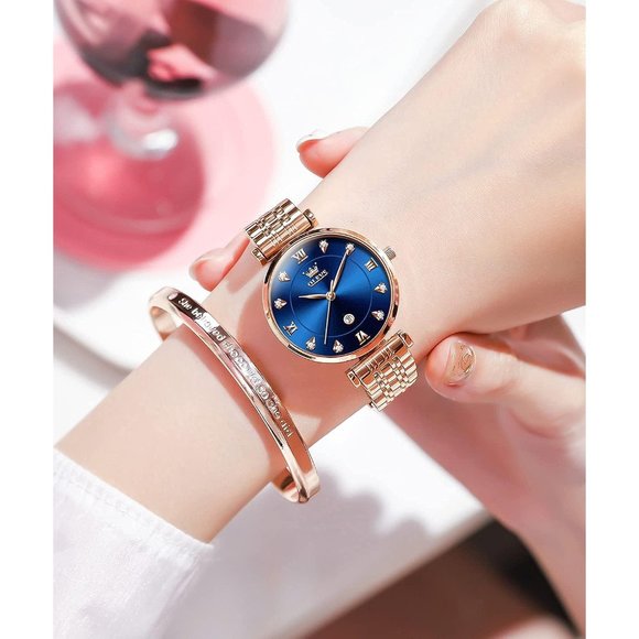 Women Rose Gold Stainless Steel Band Blue Dial Quartz Small Face Watch main image 5